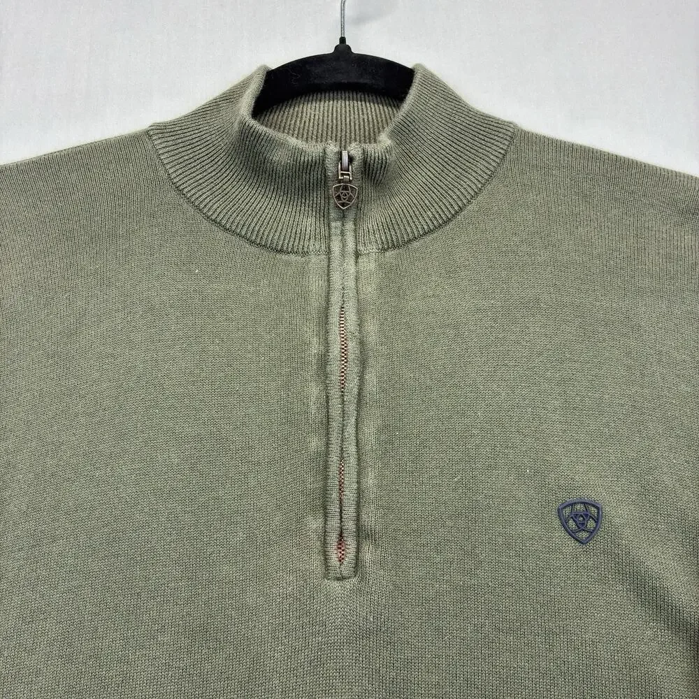 Ariat Men’s Large 1/4 Zip Sweater Olive Green Cotton Modal Western Pullover